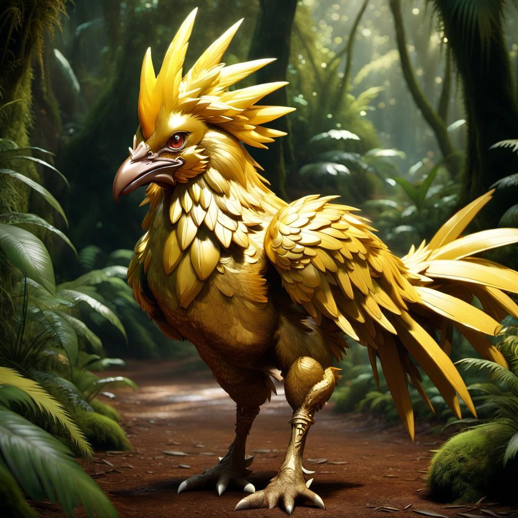 Golden Chocobo Races Through Rainforest in CGI Portrait