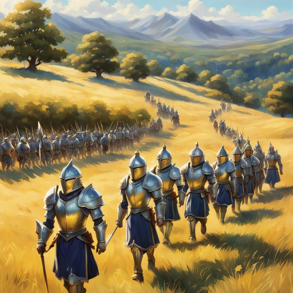 Heroes in Golden Armor March Across a Sunlit Meadow