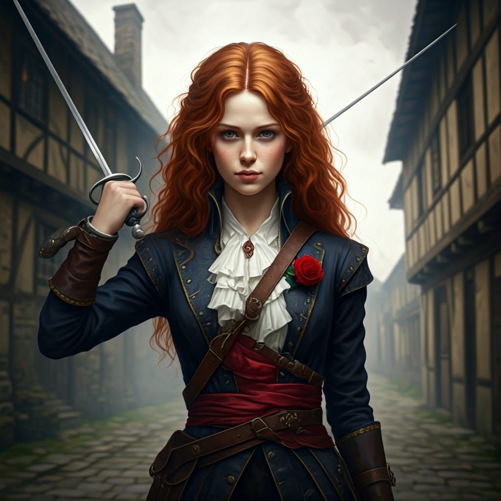 Confident Girl Duelist in Medieval Village, Digital Art