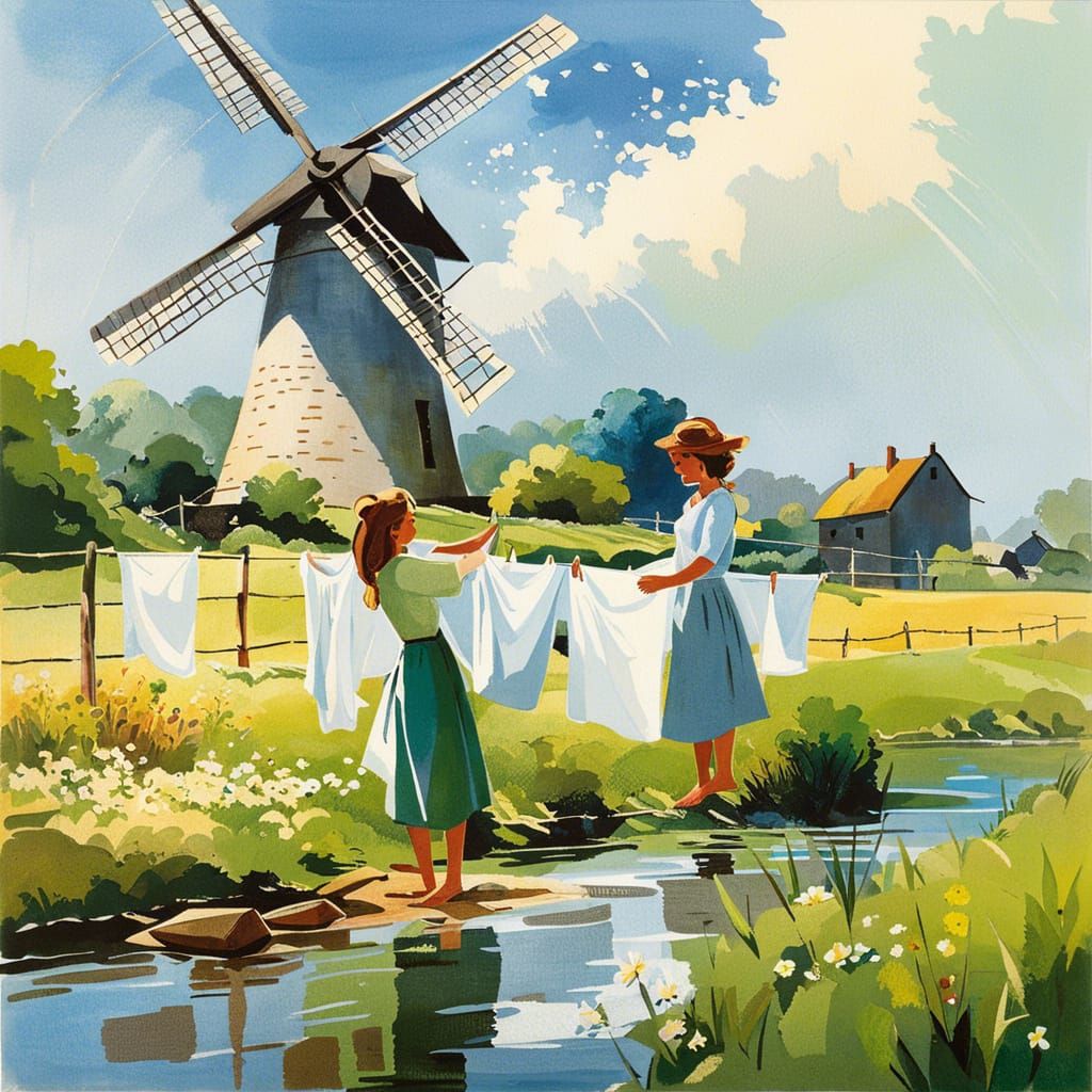 Girls Doing Laundry by River with Windmill