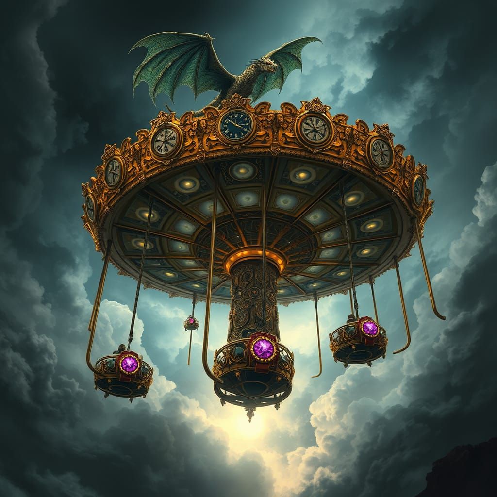 Clockwork Carousel Ascends Through Stormy Sky