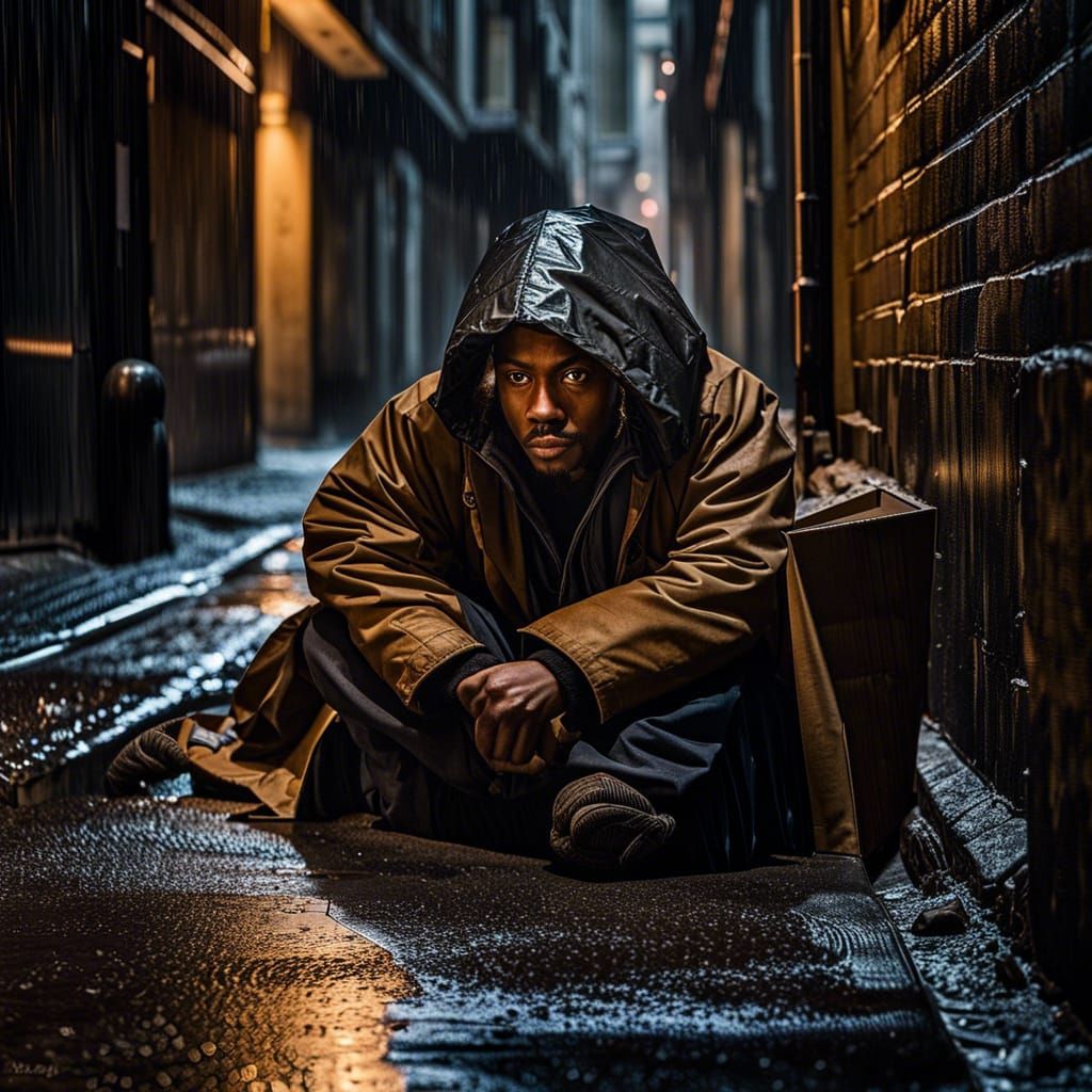 Monochromatic Homeless Man in Rainy Alley Photograph