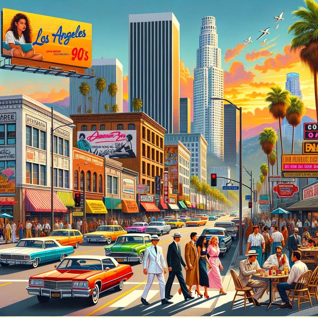 Vibrant 1990s Los Angeles Street Scene with Sunset