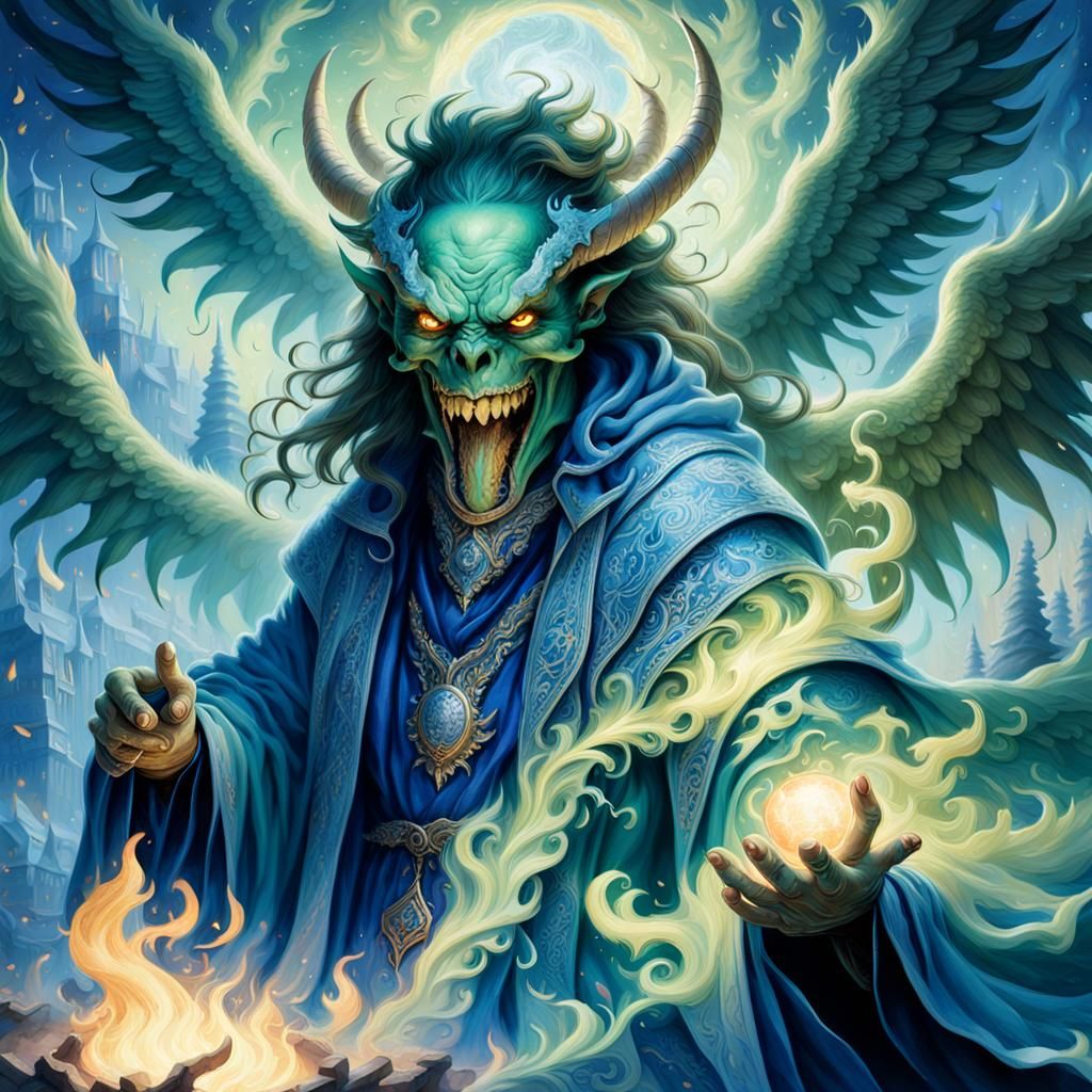 Vulture-Headed Demon Smiles Amidst Green Flames