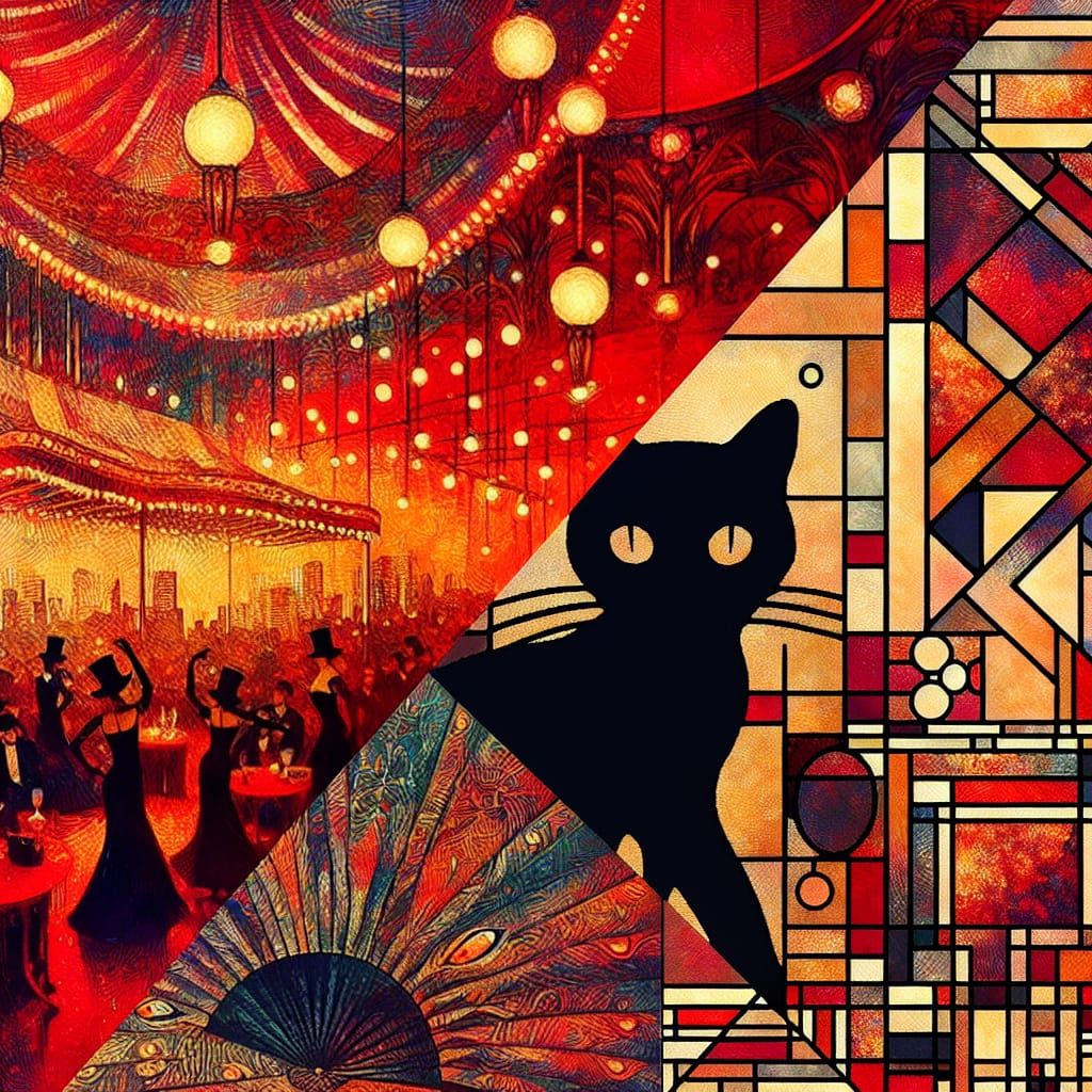 Parisian Cabaret with Black Cat in Lautrec and Ciurlionis St...