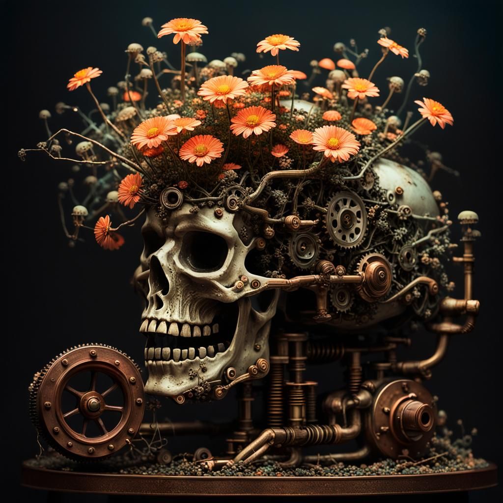 Lovecraftian Skull Vase with Glowing Flowers