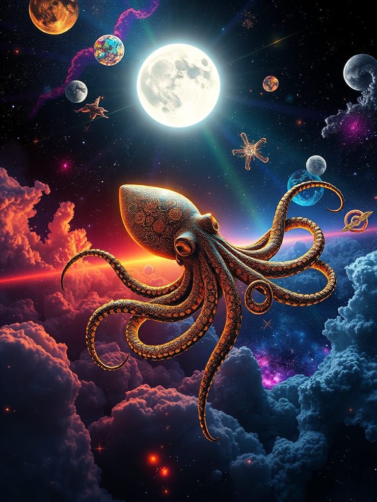 Bioluminescent Squid in Cosmic Fractal Universe