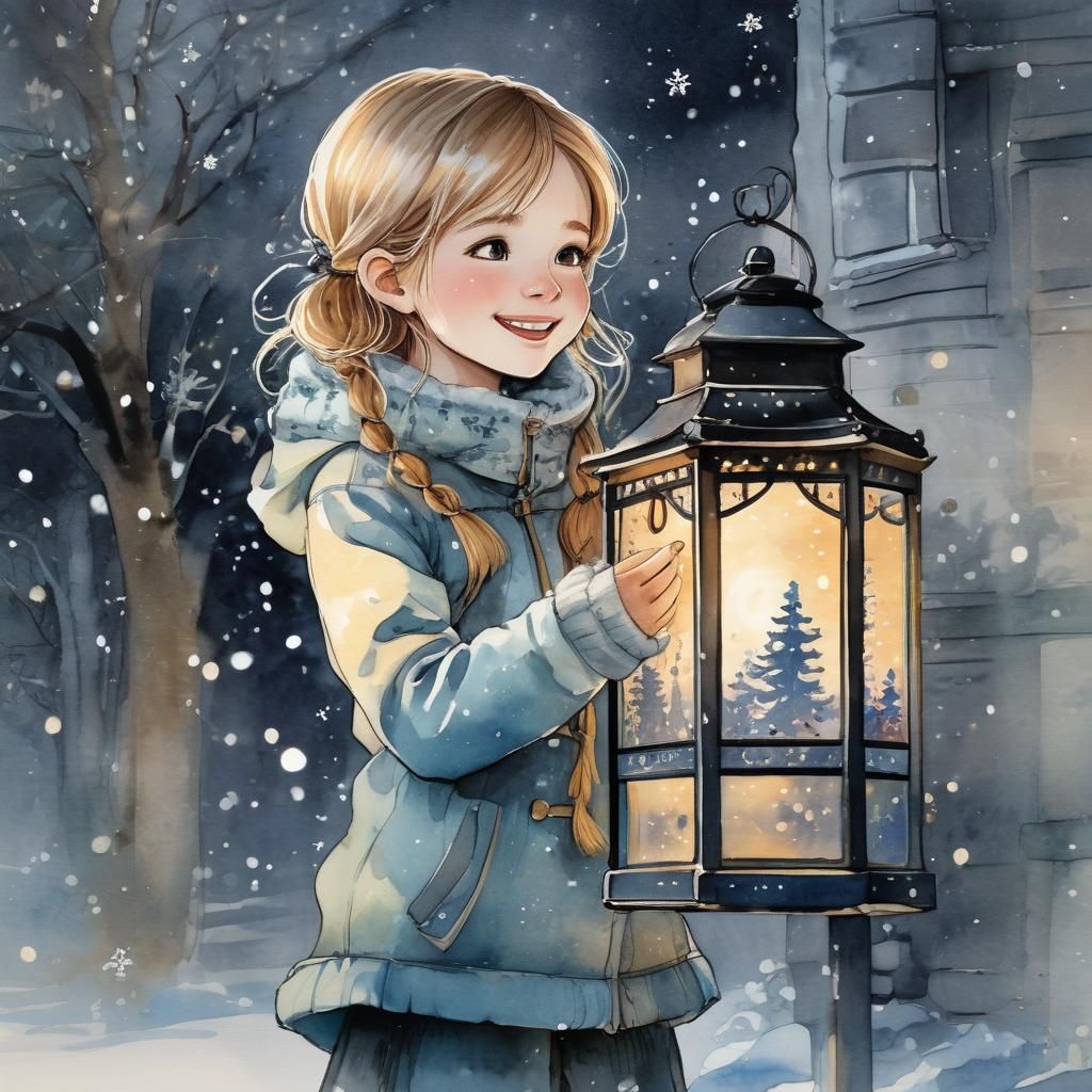 Girl with Lantern in Winter Night, Anime Style