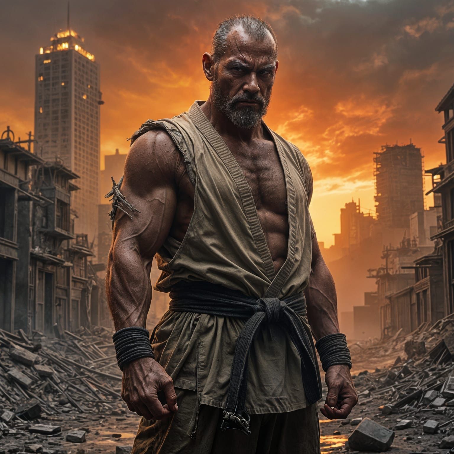 Cyberpunk Warrior in Post-Apocalyptic Ruins