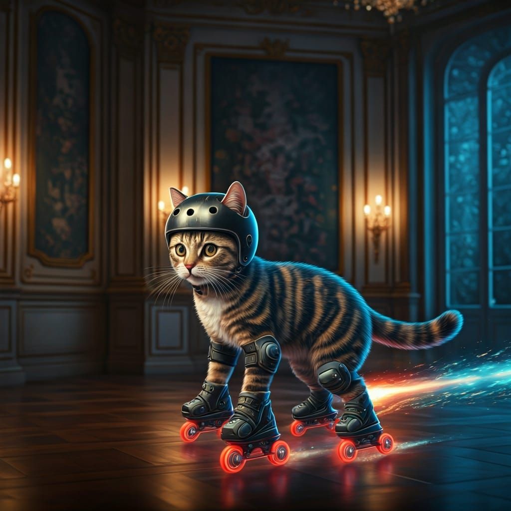 Tortoiseshell Cat on Rocket Skates in Ornate House