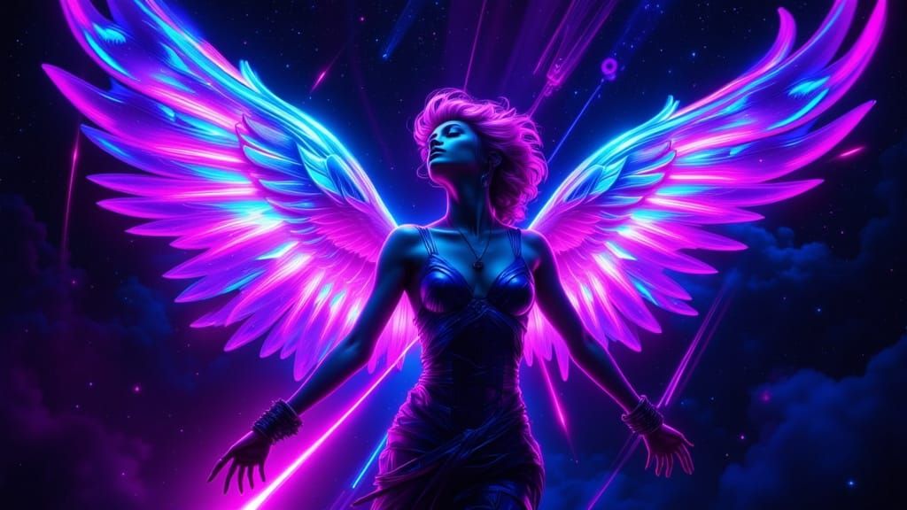 Winged Figure Ascends in Neon Cyberpunk Night