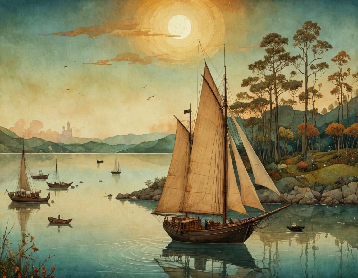 Sailboat at Sunrise in Whimsical Folk Art