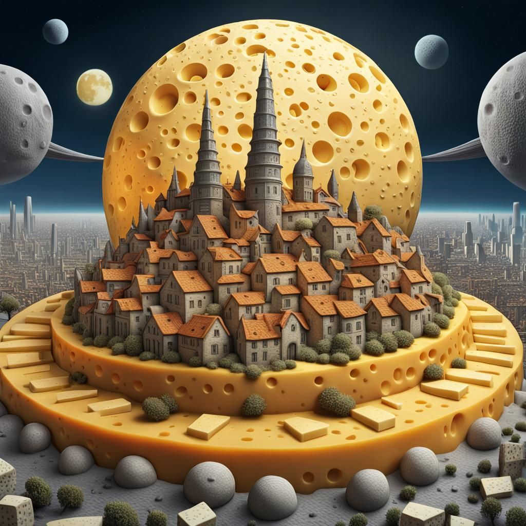 Surreal Cheese City on the Moon, Digital Art