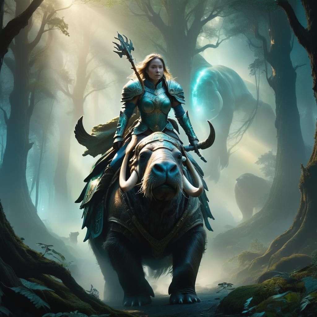 Woman in Armor Rides Walrus Through Luminous Forest