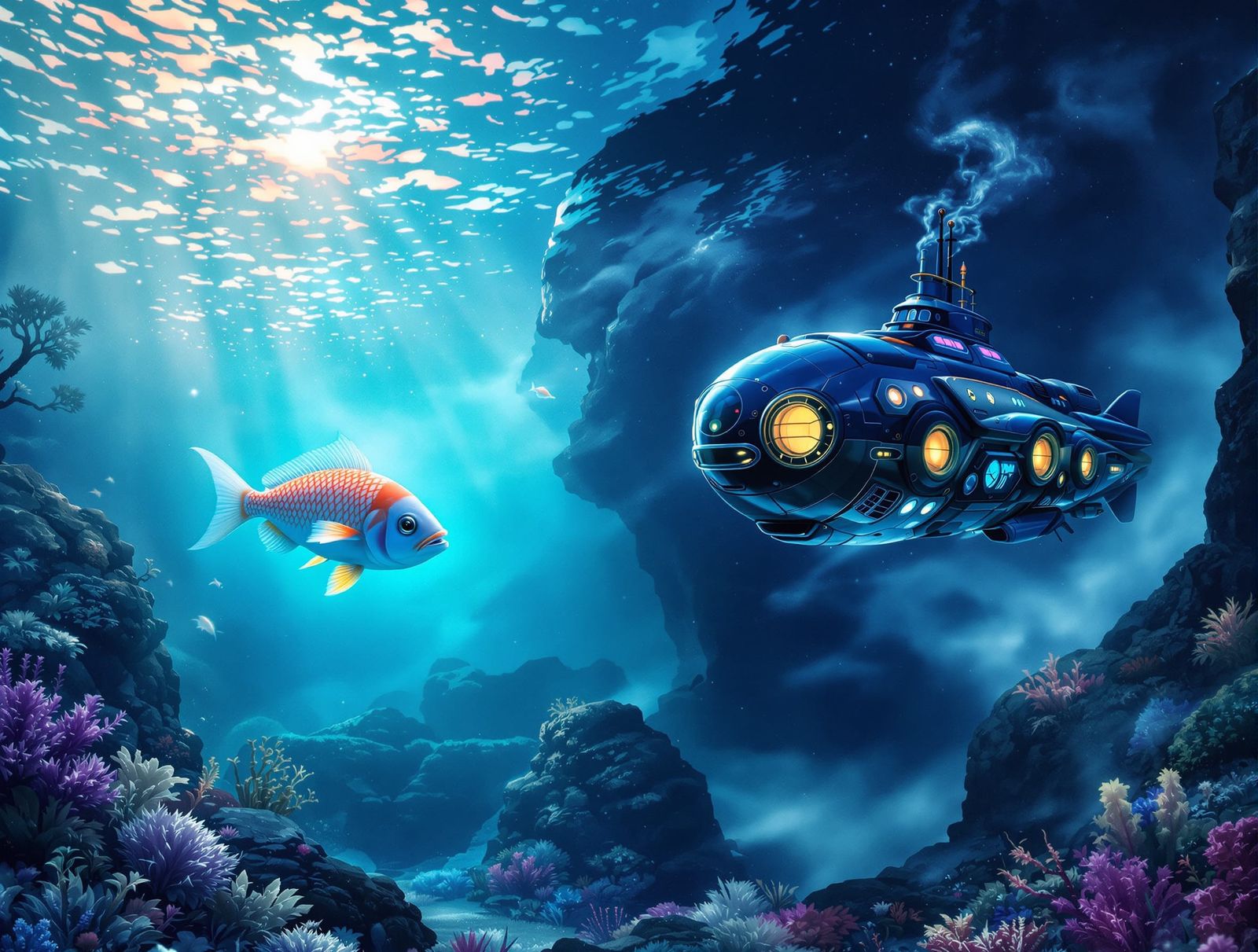 Serene Ocean Fish Meets Sci-Fi Submarine in Fantasy Style