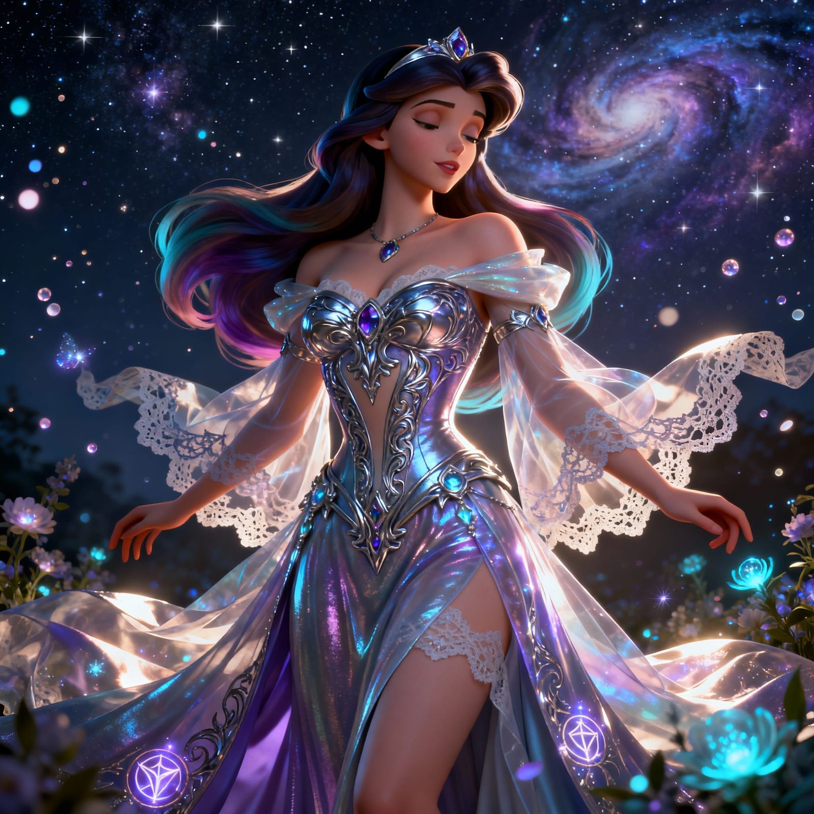 Sleeping Beauty in Shimmering Gown, Anime Art Style