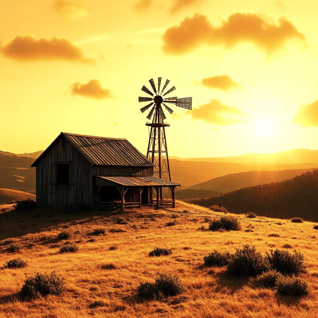 Rustic Barn on Windy Hilltop in Golden Hour