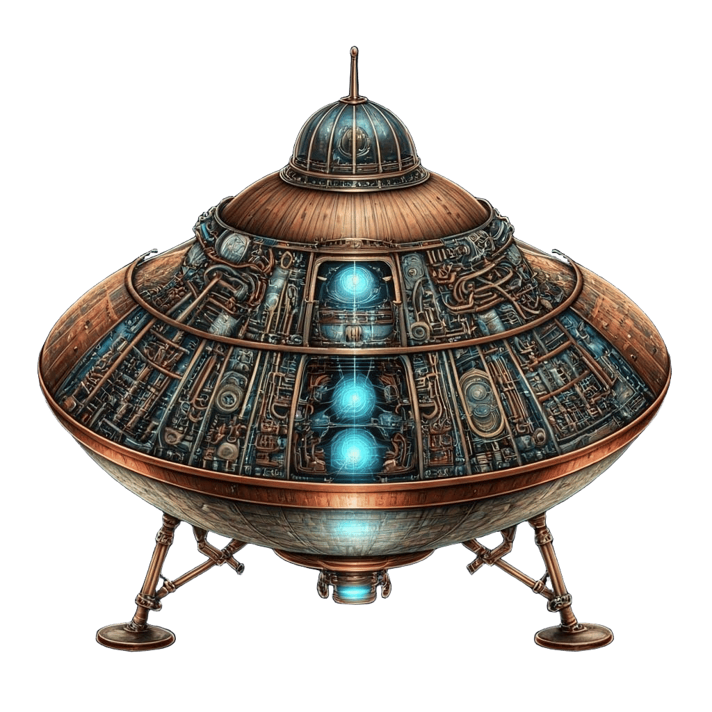 Alien Flying Saucer Blueprint with Steampunk Engine