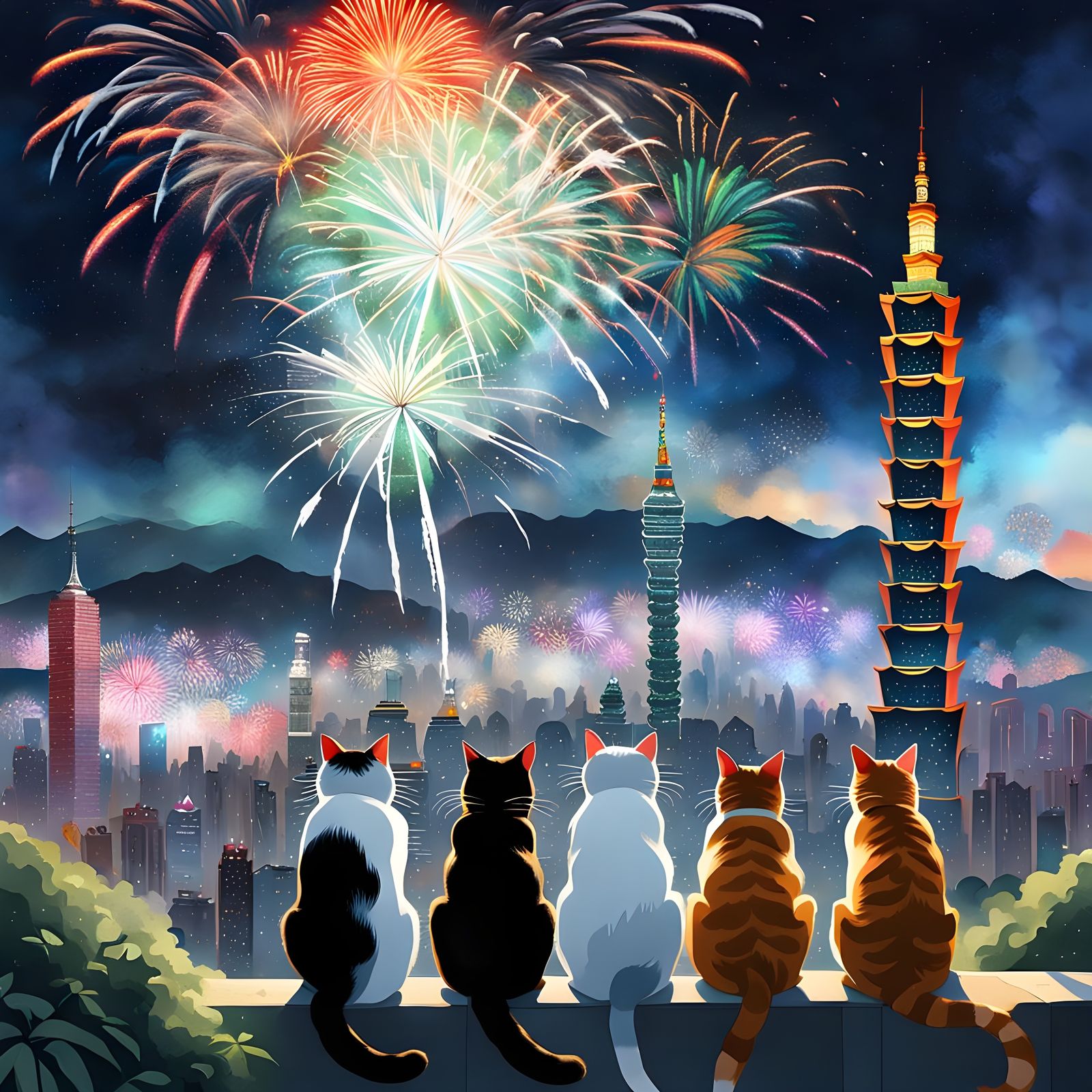 Cats Watch Fireworks: Gouache Watercolor New Year