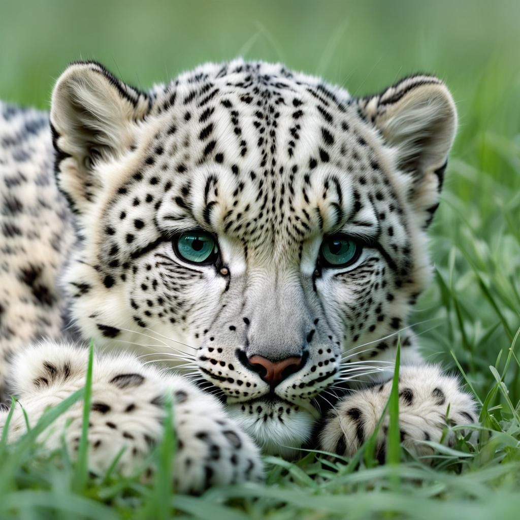 Adorable Baby Snow Leopard in Grassy Meadow