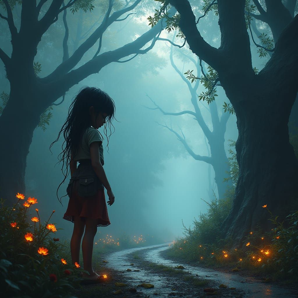 Menacing Girl in Mist-Shrouded Jungle, Hyper-Detailed Art