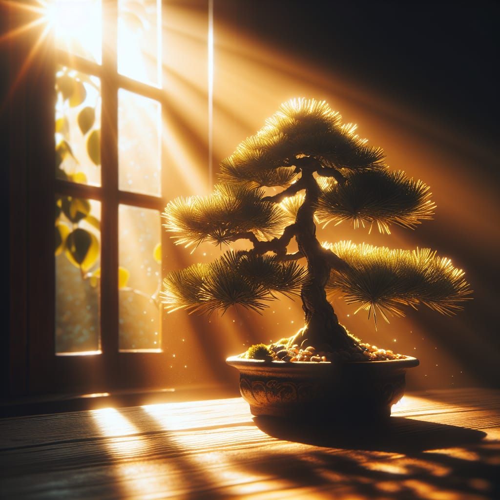 Bonsai Pine Tree Bathed in Golden Sunlight