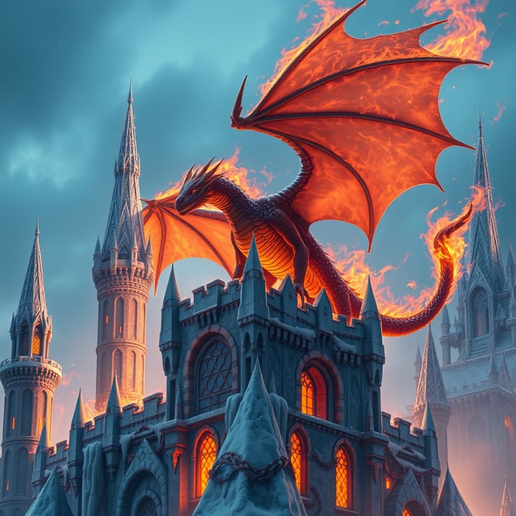 Half-Fire Dragon on Ice Castle in Dark Fantasy Style