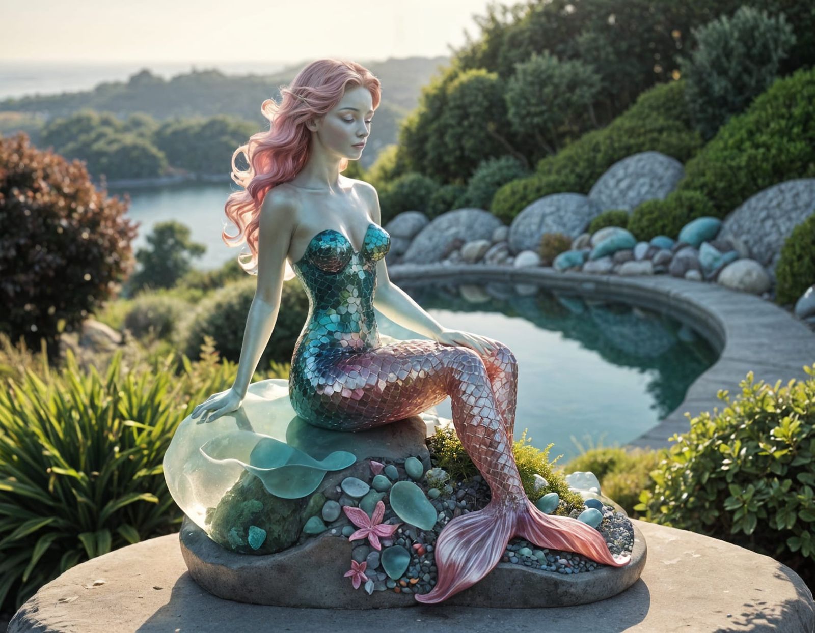 Epoxy Resin Mermaid Sculpture by Infinity Pool Over Green Hi...
