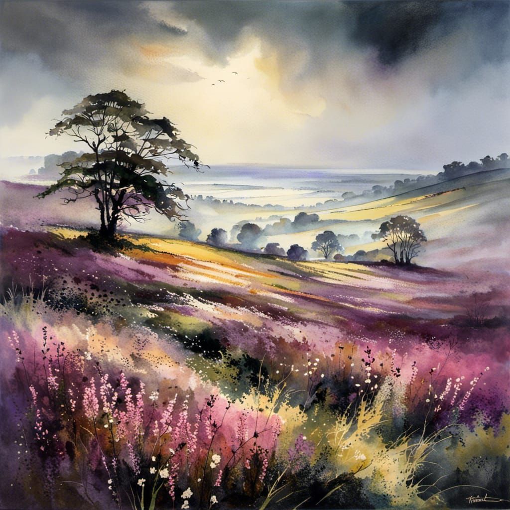 Heather in Mist: Detailed Watercolor Painting