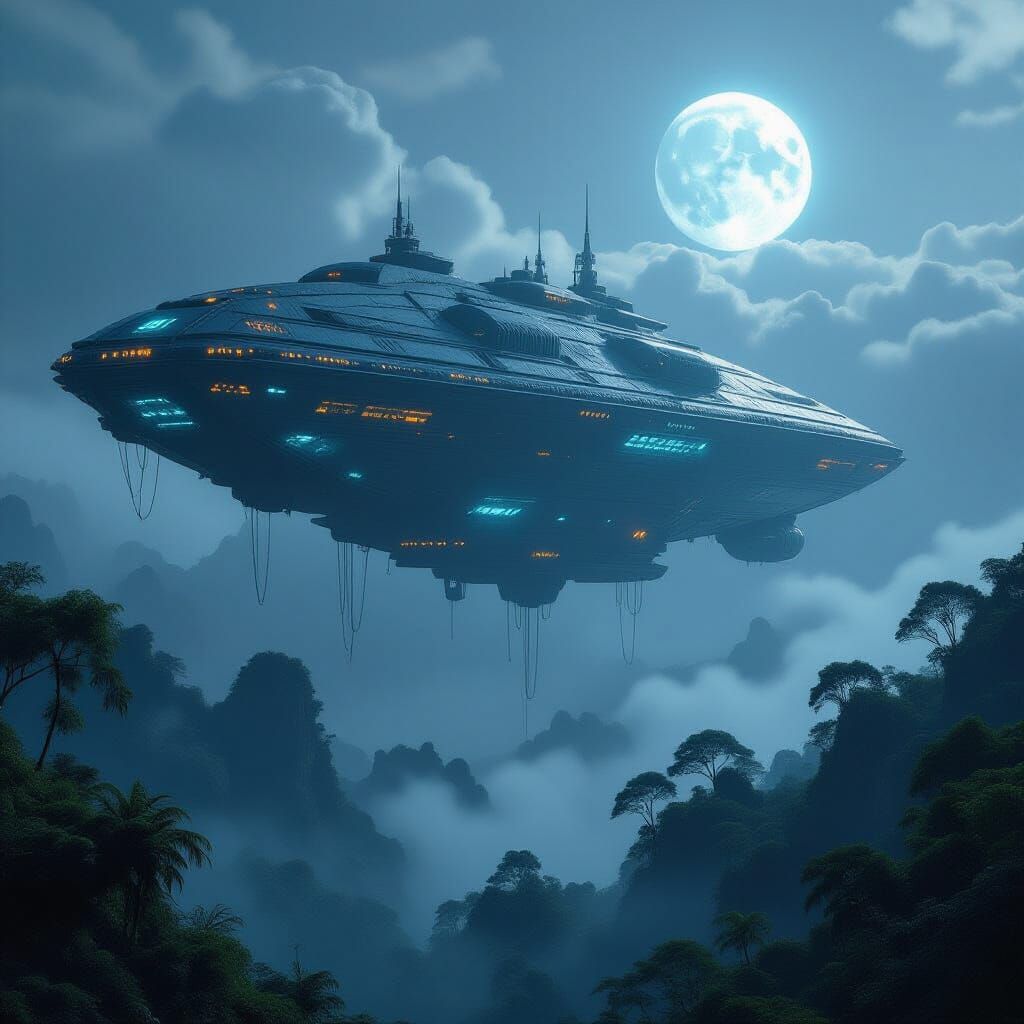 Ancient Spaceship in Alien Jungle Under Twin Moons