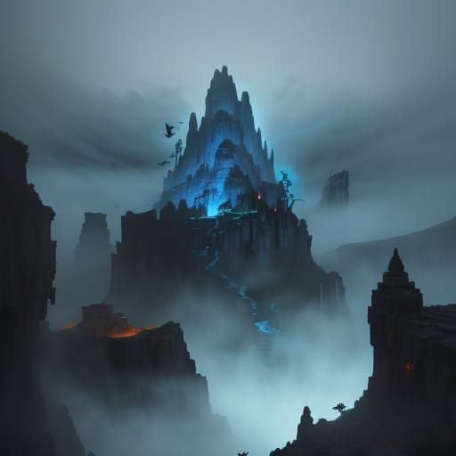 Epic Floating Island Fantasy Landscape with Temples and Drag...