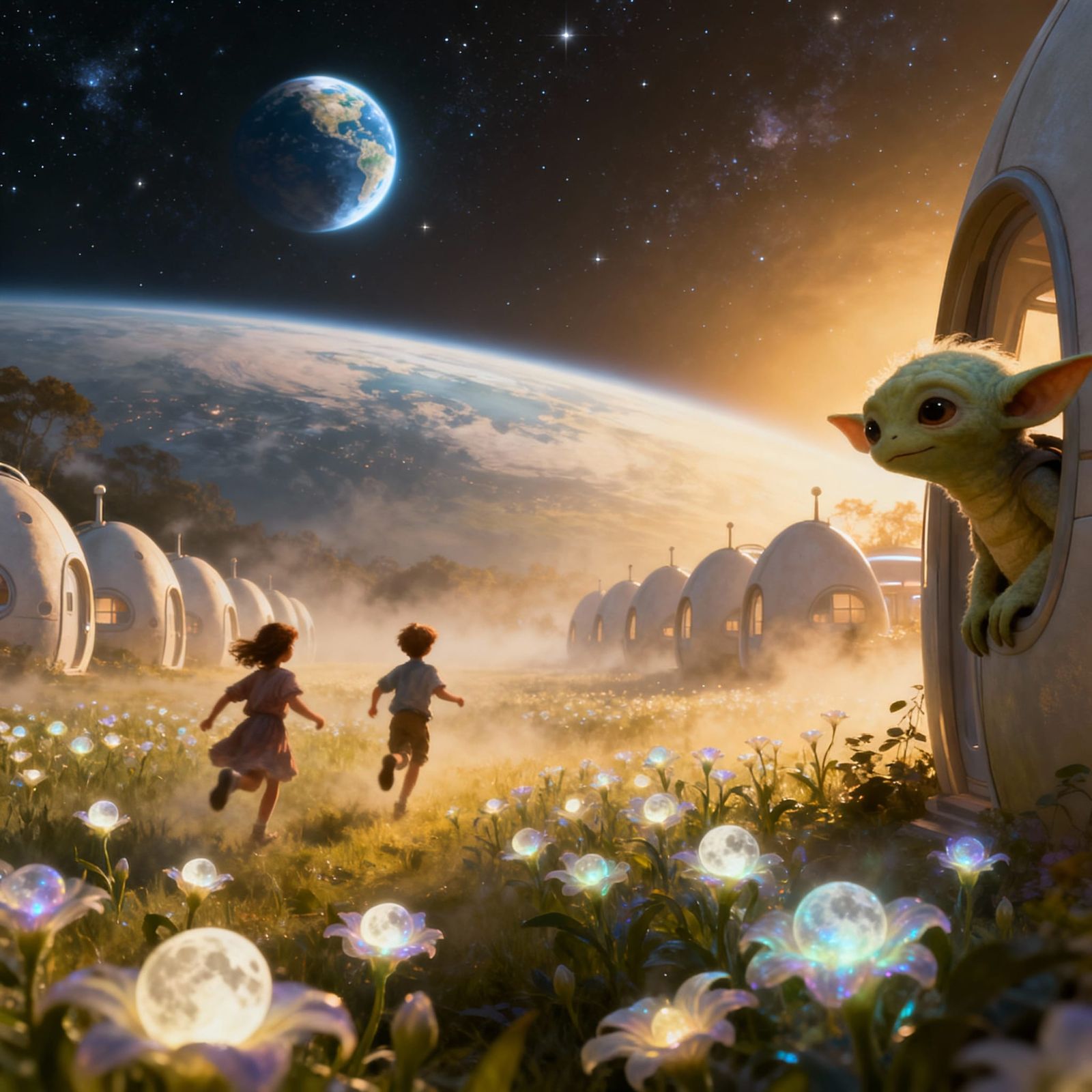 Alien Habitat With Earth View and Glowing Moon Flowers