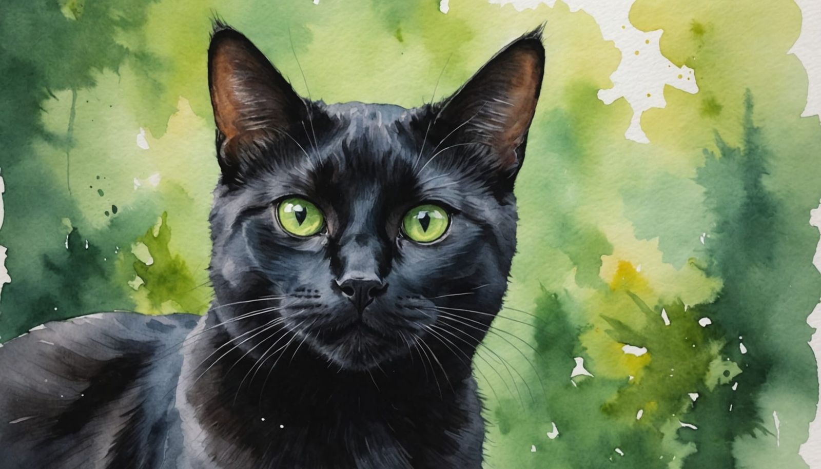 Watercolor portrait of a short-haired black cat with green e...