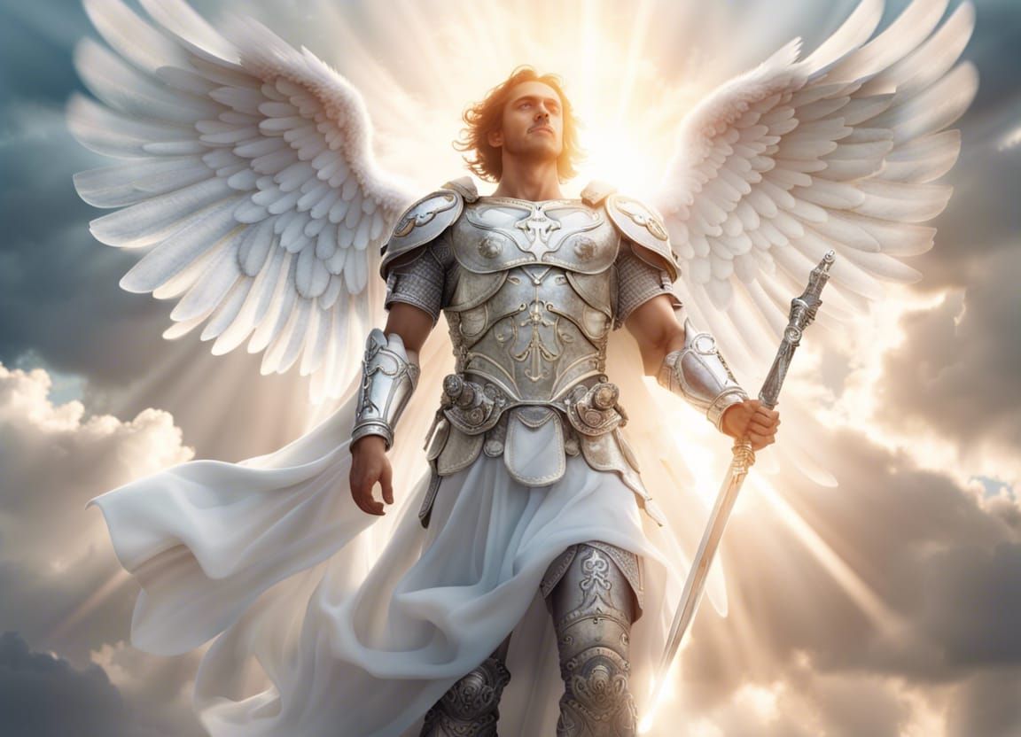 Archangel Michael in Flight with Silver Armor