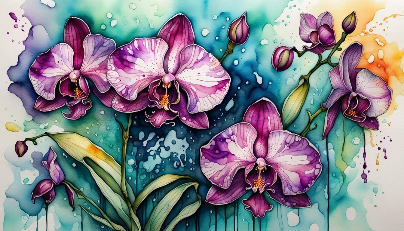 Orchid Flowers: Watercolor and Ink in Surrealist Style