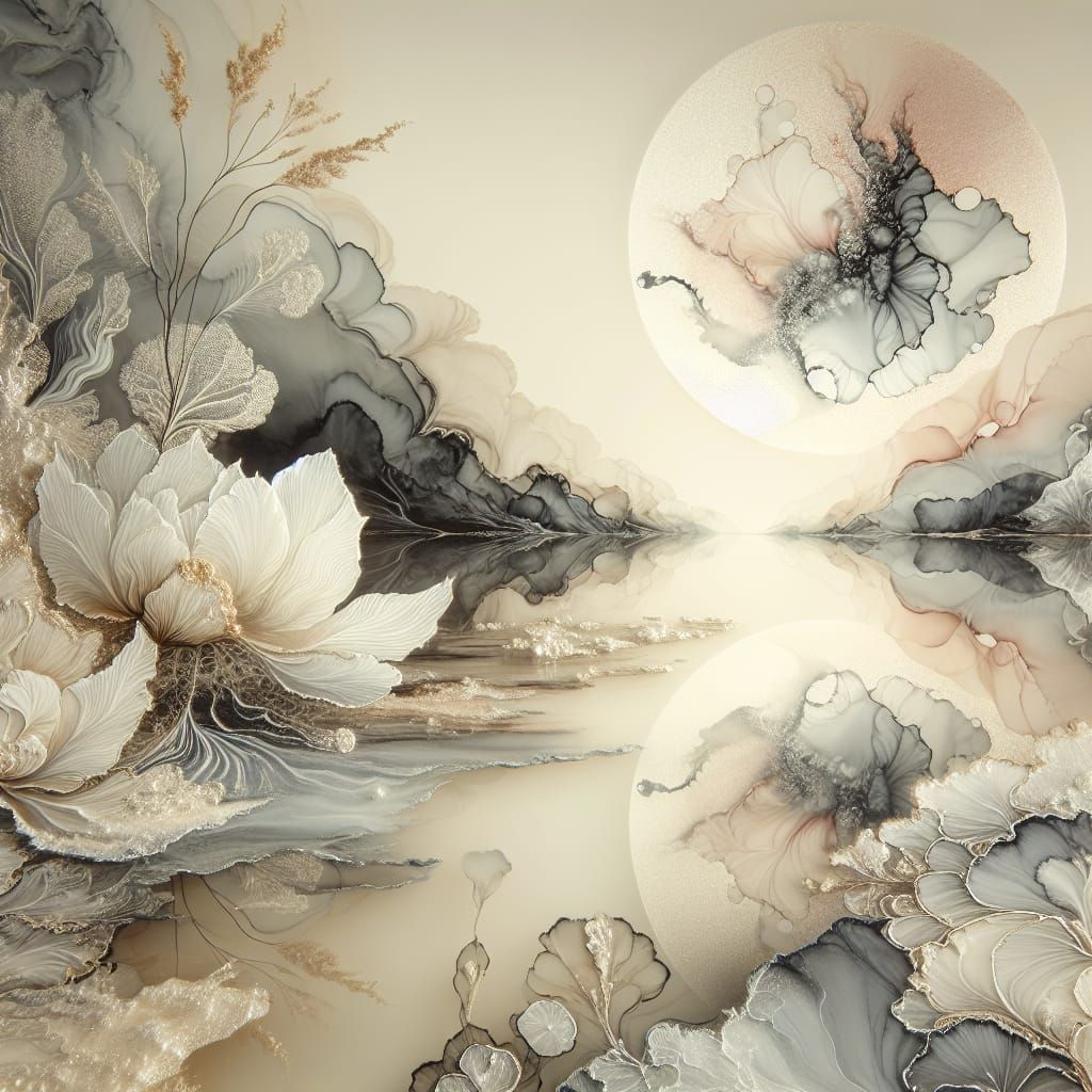 Ethereal Moonscape with Lotus Flower in Pastel Alcohol Ink