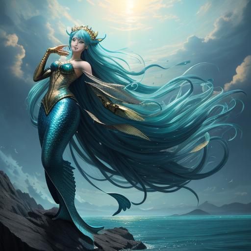 Anime Mermaid Shimmers in Golden Ocean Light