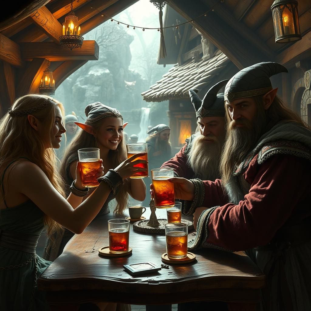 Elves and Dwarves Celebrate in Village Tavern