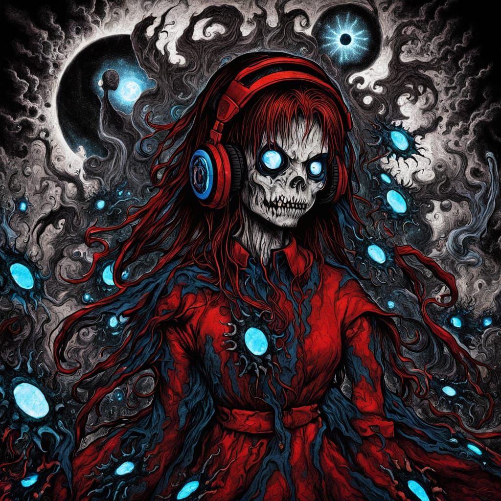 Eerie 80s Anime Girl with Vortex in Sky