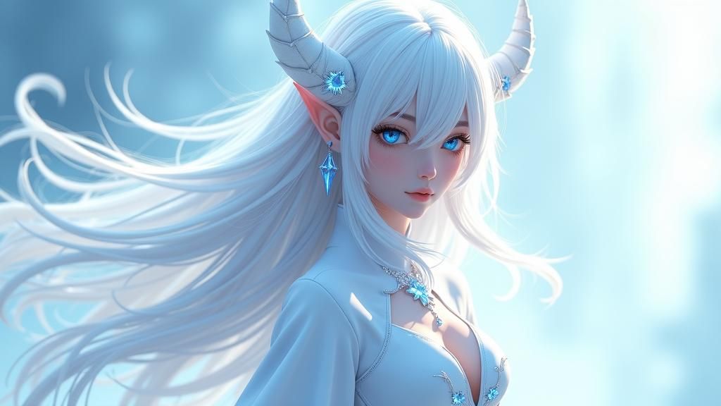 Icy Demon Woman with Platinum Hair in Anime Style