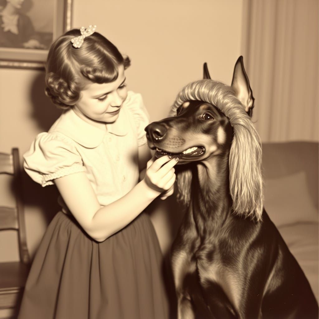 Vintage photography, 1950s. A girl dressing up her big Doberman in a wig and trying to put makeup on him.