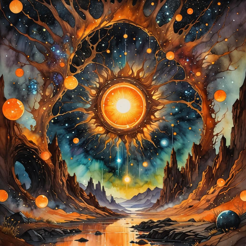 Sci-Fi Landscape with Glowing Portal in Watercolor Style