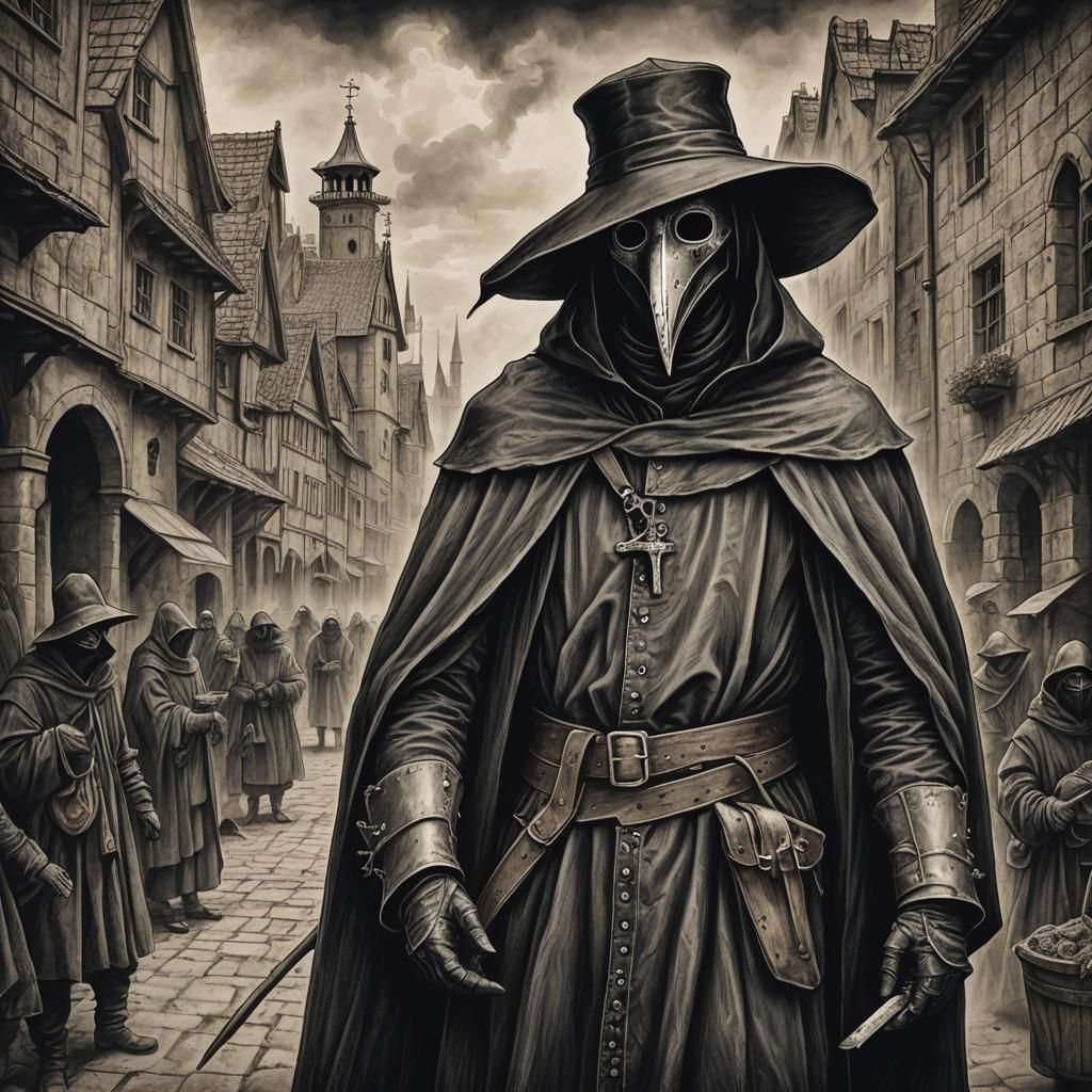 Medieval Plague Doctor in Charcoal Drawing Style
