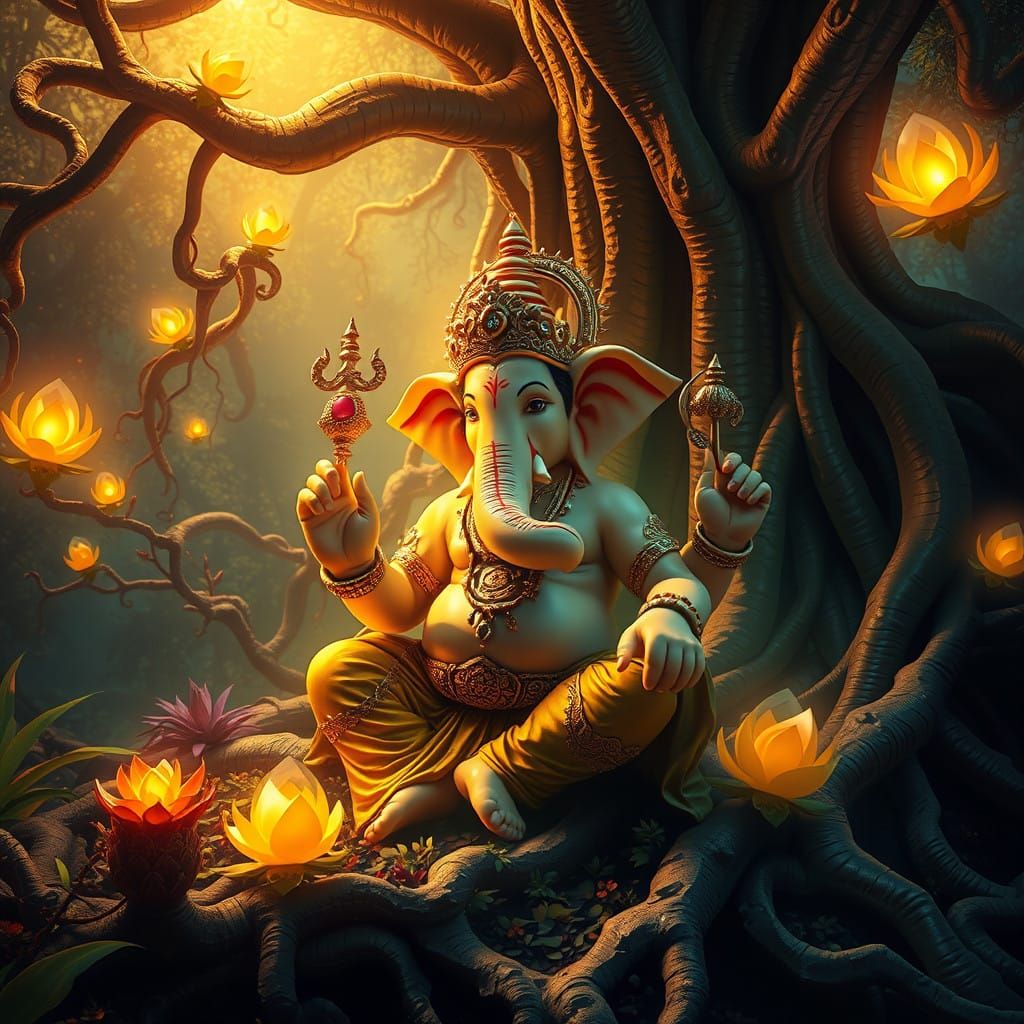 Golden Idol in Lush Fantasy Environment