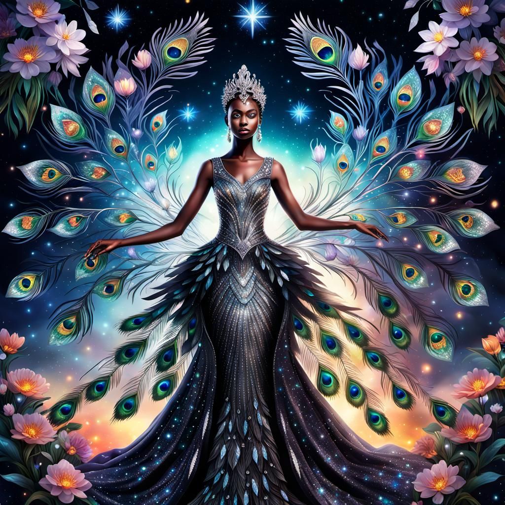 Iridescent Crystal Woman in Peacock Dress