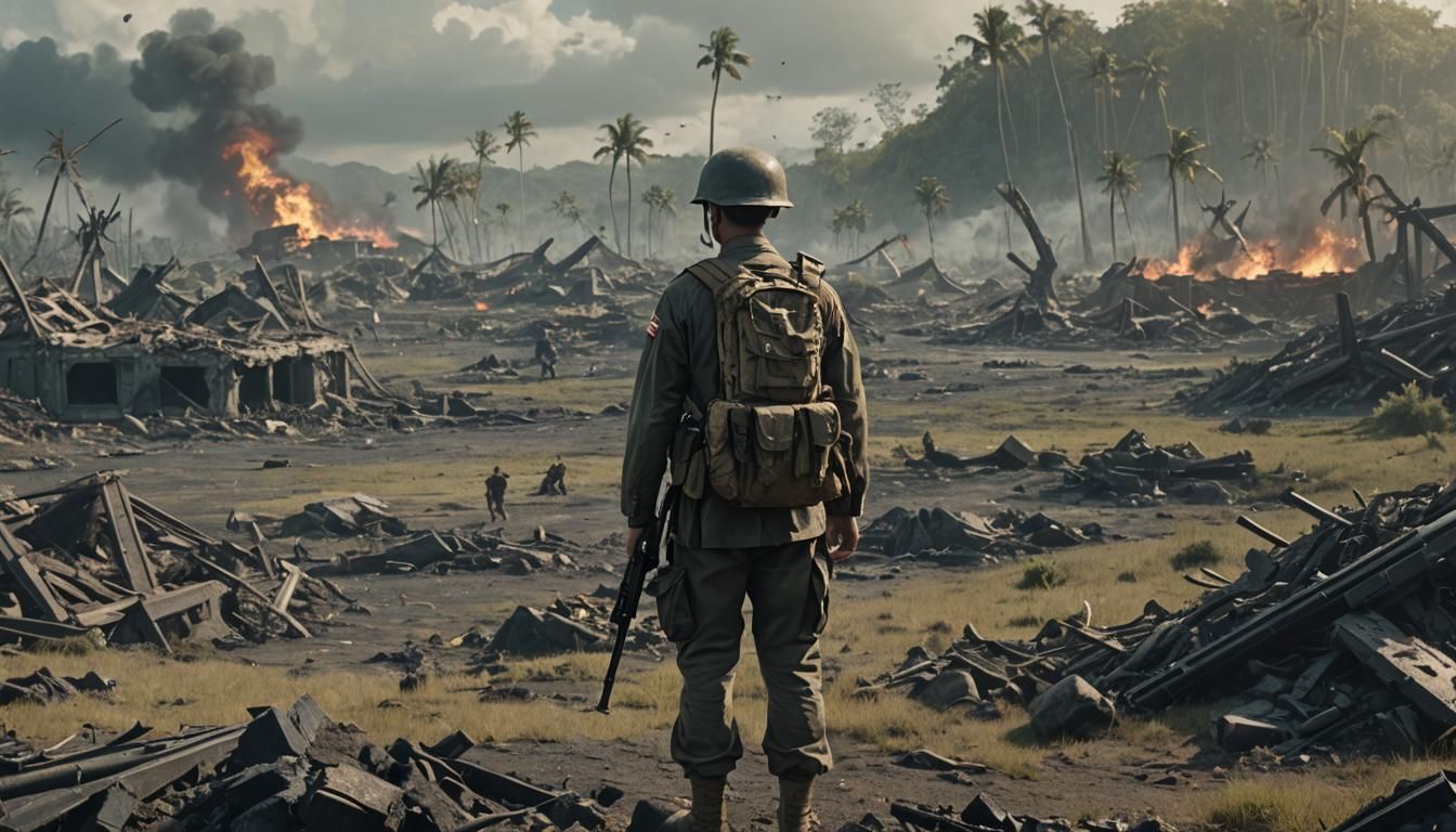 Devastated Soldier on Pacific Battlefield