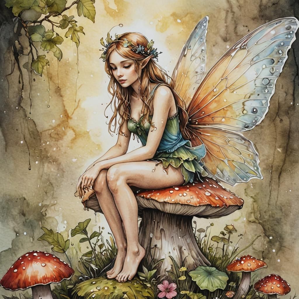 Fairy on Toadstool in Coloured Ink Art