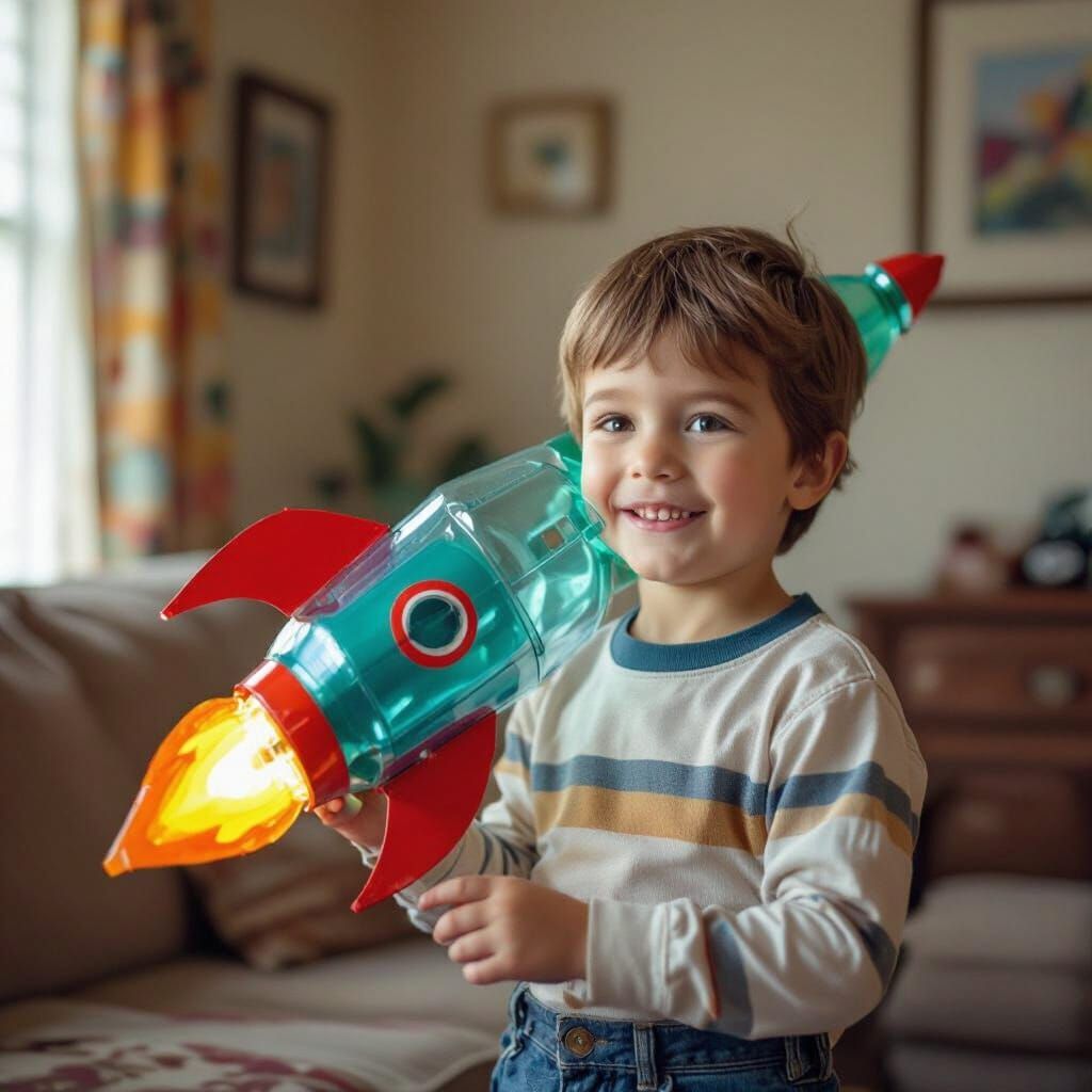 Boy Wears Soda Bottle Rocket Hat in 1960s Style