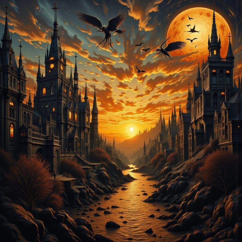 Dark Fantasy Cityscape in Dreamlike Surrealism