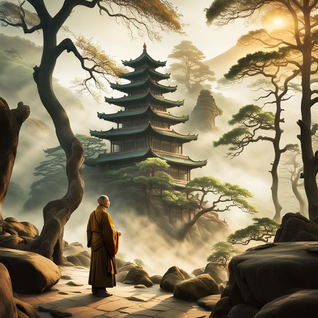 Daoist Monk in Misty Mountainscape at Golden Hour